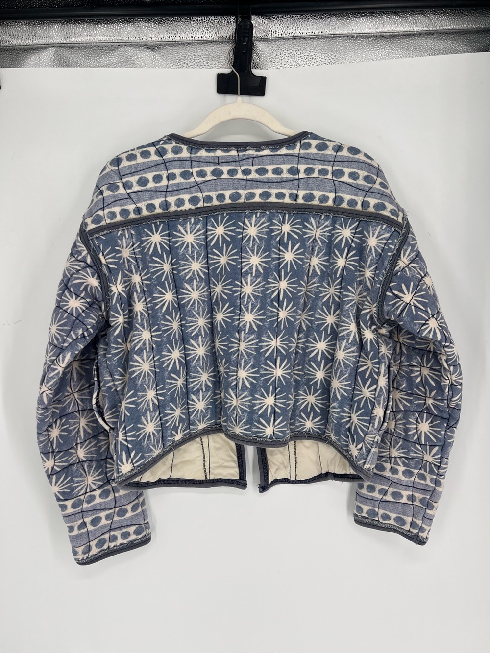 Free People Blue Starburst Pattern Open Quilted Bohemian Cropped Jacket S - Picture 6 of 7